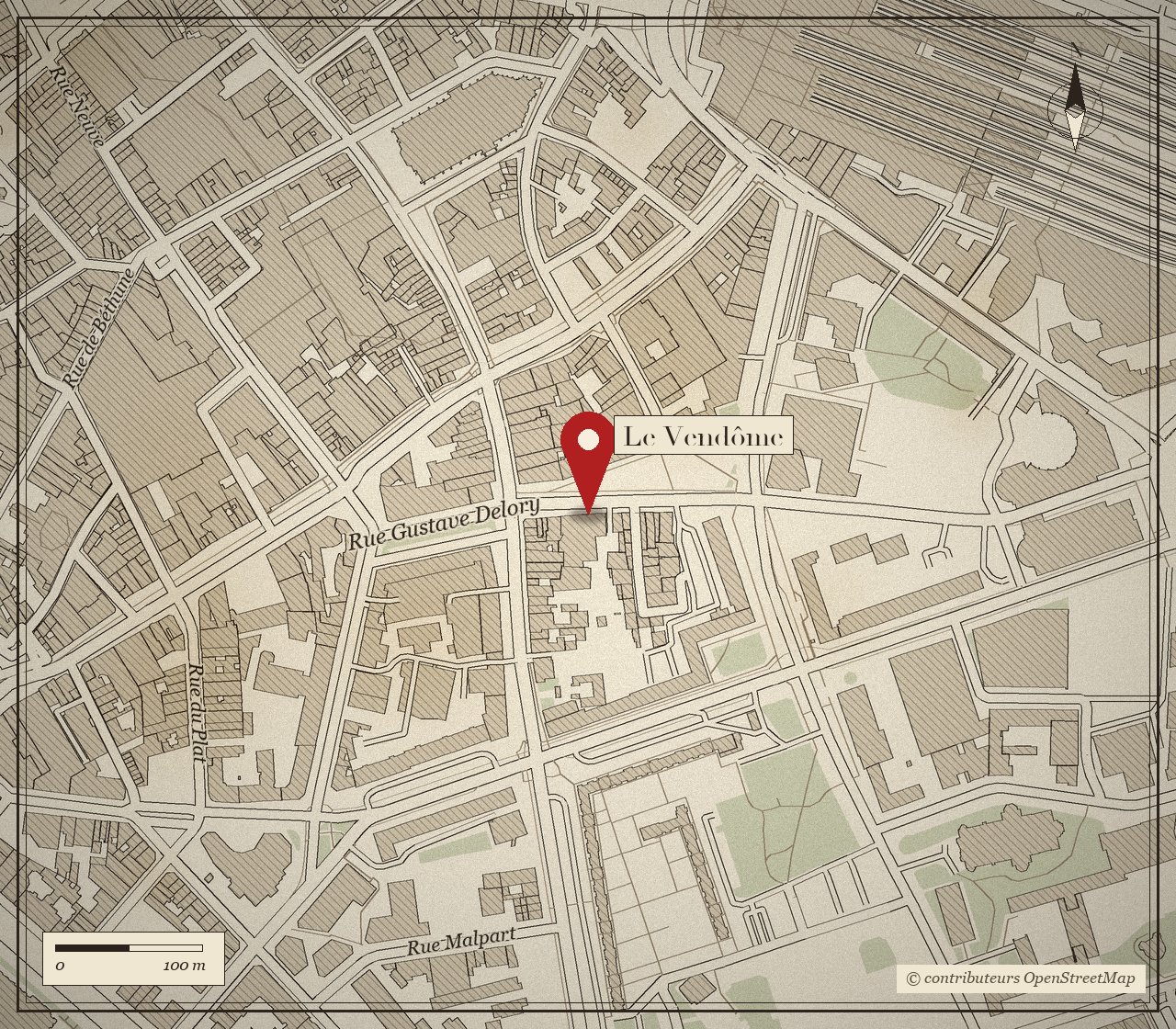 Plan du quartier avec le cabinet Le Vendôme repéré, rue Gustave Delory